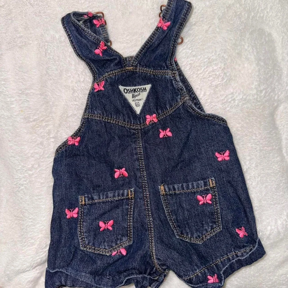 OshKosh B'gosh blue denim overalls with pink butterfly embroidery Size 6 month